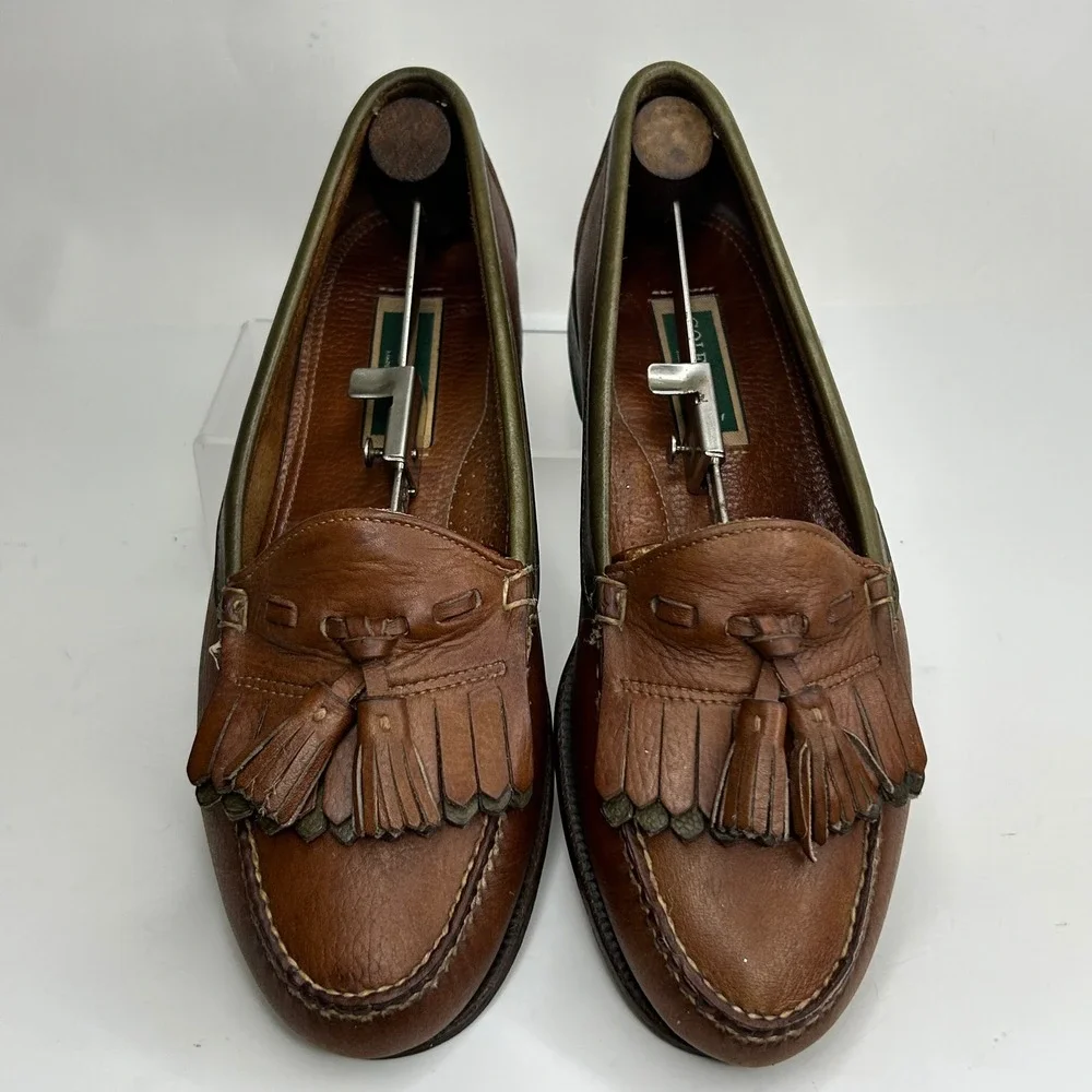 VTG Cole Haan Mens Made in USA Brown Leather Tassel Kiltie Loafers Green Trim 10